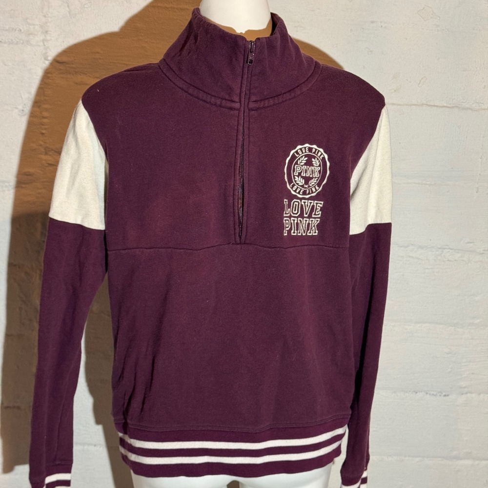Love PINK Victoria's Secret Pullover 1/4 Zip Sweatshirt Maroon Cream‎